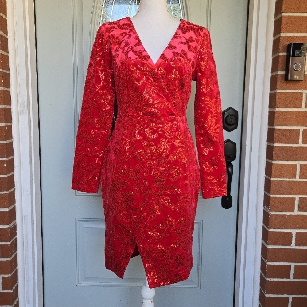VENUS Vixen Red Velvet Sequin Mini Party Dress Holiday